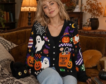 Vintage Halloween Ghost Cardigan, Trick Or Treat Pumpkin Knit Sweater, Vintage Witchy Button Cardigan, Spooky Fall Outfit, Halloween Gift