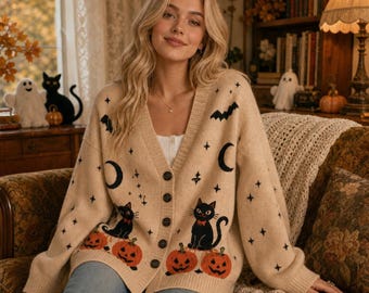 Black Cat Halloween Cardigan, Vintage Cottagecore Sweater, Spooky Season Fall Outfit, Pumpkin Cat Knit Cardigan, Cozy Autumn Halloween Gift