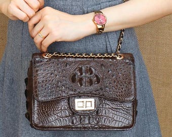 Handmade Genuine Alligator Leather Shoulder Bag – Handmade Exotic Leather Crossbody Bag, Luxury Small Purse with Chain Strap - TXNDCS01