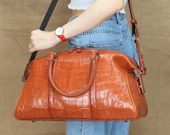 Vintage Handmade Alligator Leather Travel Bag, Vacation Duffel Bag, Travel Bag, Leather Holdall Gift - TDLDCS01