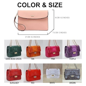 May include: A collection of handbags in various colors, including pink, dark moss green, tan, pink, purple, burgundy, red, white, and brown. The image also shows a pink clutch with dimensions of 8.3 inches long, 6.3 inches high, and 3 inches wide.
