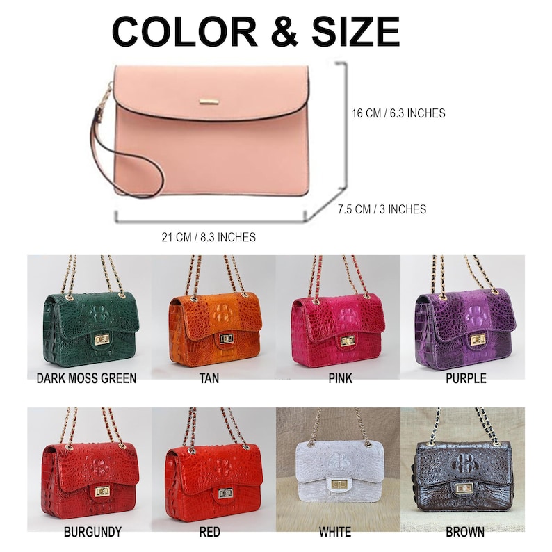 May include: A collection of handbags in various colors, including pink, dark moss green, tan, pink, purple, burgundy, red, white, and brown. The image also shows a pink clutch with dimensions of 8.3 inches long, 6.3 inches high, and 3 inches wide.