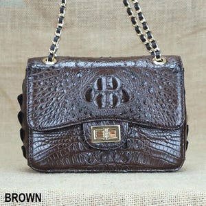 May include: A brown leather handbag with a crocodile skin texture. The bag has a gold-tone clasp and a chain strap with black accents. The word "BROWN" is printed at the bottom of the image.