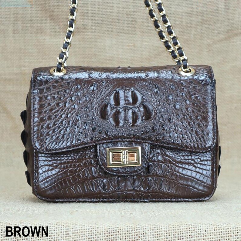May include: A brown leather handbag with a crocodile skin texture. The bag has a gold-tone clasp and a chain strap with black accents. The word "BROWN" is printed at the bottom of the image.