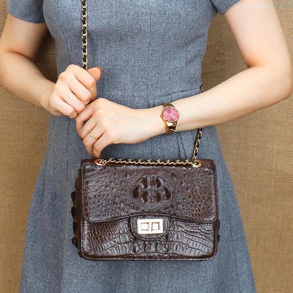Handmade Genuine Alligator Leather Shoulder Bag – Handmade Exotic Leather Crossbody Bag, Luxury Small Purse with Chain Strap - TXNDCS01
