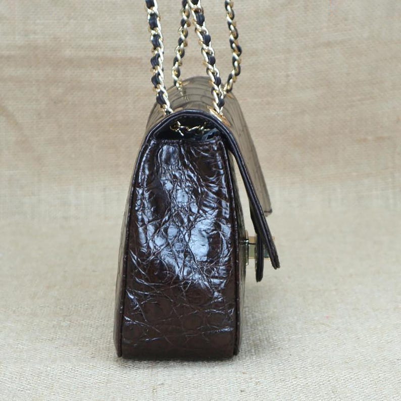 May include: A brown leather handbag with a textured, crocodile-like pattern. The bag features a gold chain strap with black accents and a flap closure. The bag is rectangular and has a classic design.