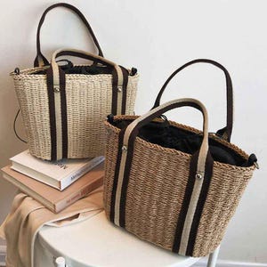 Bolsos tejidos a mano de verano para mujer, bolso de playa de paja, bolso de mano de ratán tejido, bolso de hombro bohemio tipo cesta para mujer.