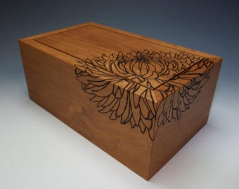 Cremation Box Urn : Cherry wood with Incurve Chrysanthemum design MADE TO ORDER