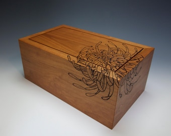 Cremation Box Urn : Cherry wood with Quill Chrysanthemum design MADE TO ORDER