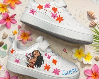 Custom Moana Kids Shoes – Hand Painted Disney Inspired Sneakers – Personalized Name Shoes – Cute Floral Toddler Sneakers – Gift for Girls