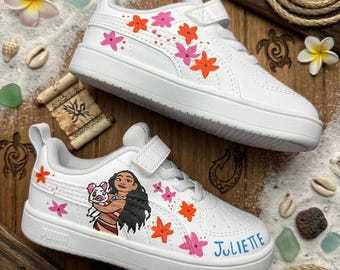 Custom Moana Kids Shoes – Personalized Disney Inspired Sneakers – Hand Painted Toddler Shoes – Floral Beach Theme – Unique Gift for Girls