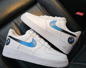 Custom Hand-Painted BMW Air Force 1 Sneakers – Blue Black Swoosh Automotive Streetwear
