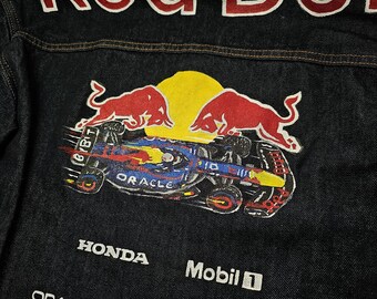 Hand Painted F1 Denim Jacket, Red Bull Ferrari Motorsport Streetwear