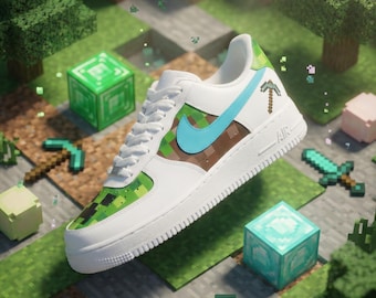 Minecraft cute cool custom painted shoes!!! Handmade Creeper Pickaxe, videogame nike shoes, Steve craft sneakers fashion design kids design