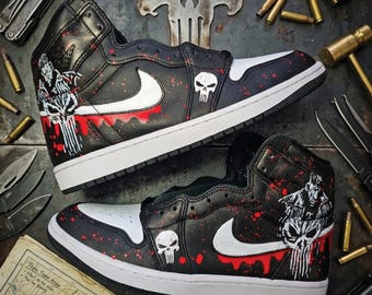 The Punisher Jordan 1s Custom Painted High Quality Shoes Ideal Gift! Hero Villain Daredevil tv series cool military skull handmade superhero