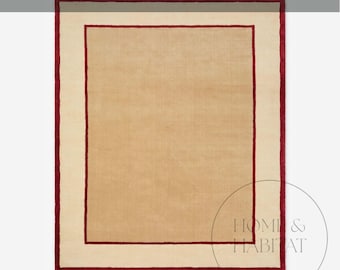 Handtuftad beige, röd ullmatta: Oxfordkant, skandinavisk modern minimalistisk design