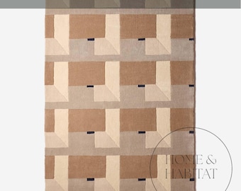 Handtuftad beige, brun ullmatta: Geometriskt fyrkantigt mönster, skandinavisk modern minimalistisk design
