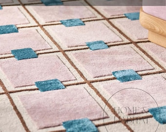 Handtuftad rosa, blå ullmatta: Geometriskt rutmönster, skandinavisk 50-talsmodern design - 8x10, 9x12 och specialdesignade