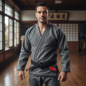 May include: A grey martial arts gi with a black belt and red detailing. The person is standing in a traditional Japanese dojo with wooden floors and large windows. The gi is a traditional uniform for martial arts, often worn in judo or jiu-jitsu.
