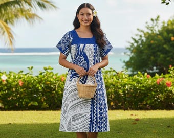 May include: A woman wearing a blue, white, and gray patterned dress with a square neckline and short sleeves. She is holding a small woven basket. The background features a tropical landscape with a beach and palm trees.