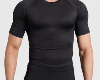 Solid Black Short Sleeve Compression Rash Guard for Running Jogging and Training