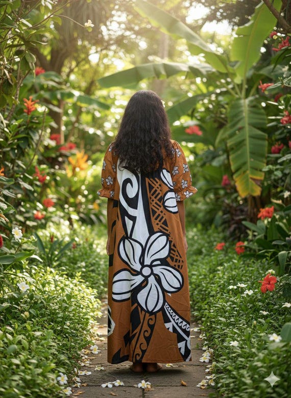 Traditional Polynesian Mother Hubbard Dress - Brown & White Floral Muumuu - Island Style Maxi Dress With Puffy Sleeves - Hawaiian Luau Wear