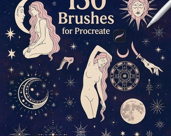 Procreate Tattoo-Sammlung - Magische Briefmarken für Procreate, Hexerei, magische Hand, Mond, Sterne, Himmlisch, Wicca