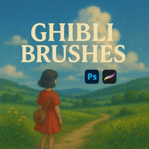 May include: A digital illustration of a young girl standing on a path in a green field. The text "Ghibli Brushes" is displayed above her, along with the Adobe Photoshop and Procreate logos.