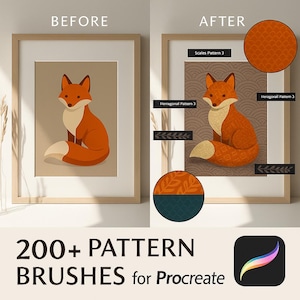 Könnte beinhalten: Vorher-Nachher-Bild, das eine digitale Illustration eines orangefarbenen Fuchses zeigt. Der Fuchs auf der linken Seite ist schlicht, während der Fuchs auf der rechten Seite mit verschiedenen Mustern texturiert wurde, darunter Schuppen, Sechsecke und Blätter. Der Text "200+ PATTERN BRUSHES for Procreate" befindet sich am unteren Rand des Bildes.