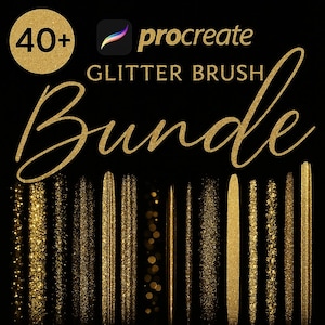 May include: A digital art bundle for Procreate featuring over 40 glitter brushes. The image displays various gold glitter brush strokes against a black background, with the words "Glitter Brush Bundle" in gold script.