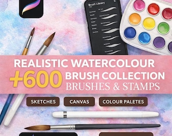 Plus de 600 pinceaux aquarelle réalistes pour procréer. Procréez des pinceaux aquarelle. Ensemble pinceau et toile pour Ipad. Ensemble de pinceaux numériques