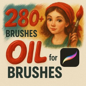 May include: A digital illustration of a girl with red hair wearing a red headband holding a paintbrush. The text "280+ BRUSHES OIL for BRUSHES" is displayed in a colourful, stylised font.