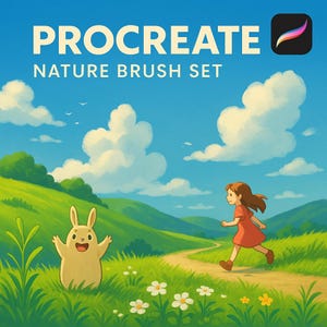 May include: Digital art illustration with the text "PROCREATE NATURE BRUSH SET" against a blue sky background. A cartoon girl in a red dress runs along a path, and a smiling bunny stands in a field of grass and flowers.