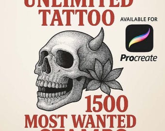 Może przedstawiać: Cyfrowa ilustracja czaszki z kwiatem za nią. Tekst "UNLIMITED TATTOO" znajduje się w górnej części obrazu. Tekst "1500 MOST WANTED STAMPS" znajduje się w dolnej części obrazu. Tekst "AVAILABLE FOR Procreate" znajduje się w prawym górnym rogu obrazu. Ikona aplikacji Procreate znajduje się obok tekstu.