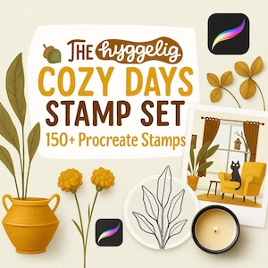 May include: A set of 150+ digital stamps for Procreate, featuring a cozy and hyggelig theme. The stamps include illustrations of plants, candles, a cat, and a chair, all in warm colors.