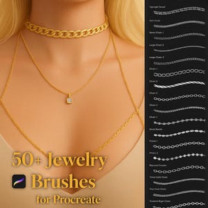 May include: A woman is wearing three gold necklaces. The top necklace is a thick chain, the middle one has a small square pendant, and the bottom one is a delicate chain. The image also displays a Procreate brush set with the text "50+ Jewelry Brushes for Procreate."