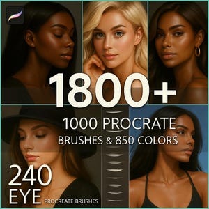Może przedstawiać: Kolaż czterech kobiet o różnych odcieniach skóry, prezentujący kolekcję 1000 pędzli Procreate i 850 kolorów, a także 240 pędzli do oczu. Tekst "1800+" jest wyświetlany dużą czcionką, a tekst "Procreate Brushes" jest wyświetlany mniejszą czcionką.