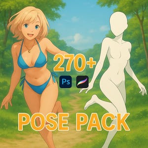 Könnte beinhalten: Eine digitale Illustration einer Frau in einem blauen Badeanzug und eines Mannes in einer weißen Umrisspose. Der Text "270+ Pose Pack" ist in Gelb und der Text "Ps" ist in einem blauen Quadrat und ein Pinselsymbol ist in einem violetten Quadrat. Der Hintergrund ist eine grüne und blaue Landschaft.