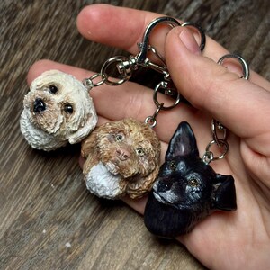 May include: Three dog head keyrings in cream, brown, and black, each with a silver clasp. The dog heads are detailed with realistic fur textures and facial features, showcasing a variety of breeds.