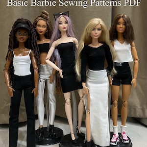 May include: Five fashion dolls are displayed, each dressed in different outfits. The dolls wear a variety of clothing, including a black dress, a white top with black pants, and a black top with a white skirt. The text "Basic Barbie Sewing Patterns PDF" is at the top.