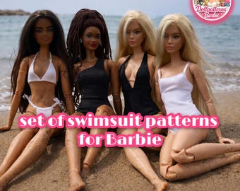 Barbie Swimsuit Sewing Pattern Set | 4 Styles + Bikini Bottoms | Doll Swimwear PDF | 1/6 Doll Clothes | Bodysuit Pattern