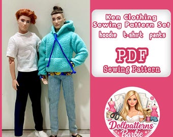 Ken Doll Clothes Sewing Pattern Set – Hoodie, T-Shirt, Pants (PDF)