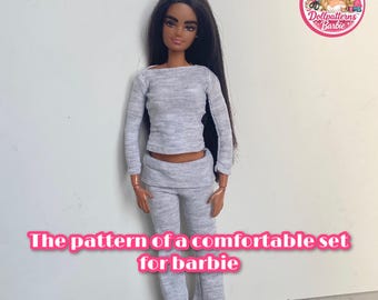 Barbie Lounge Set Sewing Pattern | Long Sleeve Top & Flare Pants | Y2K Doll Outfit PDF | 1/6 Doll Clothes
