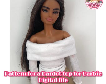 Barbie Off Shoulder Top Sewing Pattern | Bardot Foldover Neckline | Doll Clothes PDF Pattern 1/6 | Stretch Fabric Top