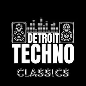 May include: A black graphic design featuring two white speakers on the sides and a sound equalizer bar in the center. The text reads DETROIT TECHNO in large white capital letters, with the word CLASSICS in a white outlined font below it.