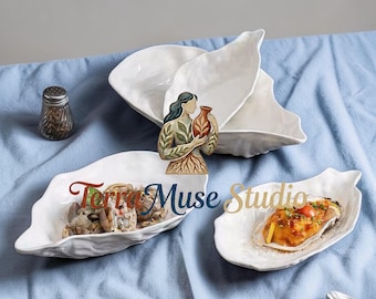 Plato de cerámica de lujo con forma de concha de ostra, elaborado artesanalmente, plato moderno para servir mariscos, vajilla elegante de estilo costero.