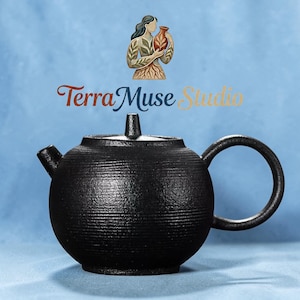 Volcanic Stone Black Ceramic Teapot Stripe Traditional Japanese Tea Pot 140ml Handcrafted Gift