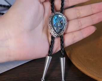 Abalone Muschel Bolokrawatte - Versilberte Western Cowboy Krawatte, personalisierte handgemachte Edelstein Bolo, Western Rodeo Geschenk für Sie & Ihn