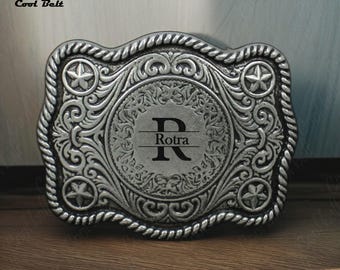 Personalized Western Belt Buckles, Engrave Initial Cowboy Belt Buckles, Replacement Floral Belt Buckle for Removable Leather Strap,Mens Gift