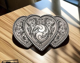Vintage Western Style Triple Heart Engraved Belt Buckle Silver Tone‎ Cowboy Vintage Western Style Triple Heart Engraved Belt Buckle  main image 2